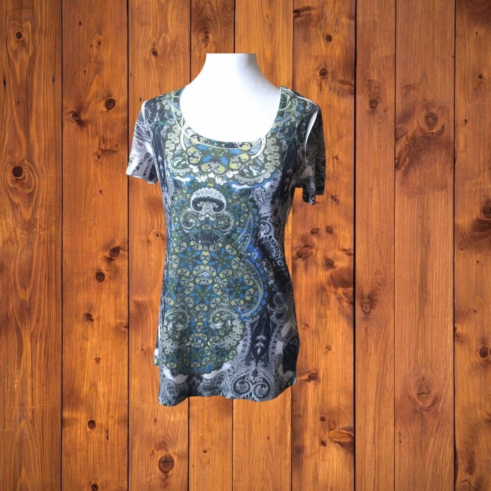 Style & Co. Women's Small Pullover Short Sleeve T-Shirt Boho Paisley Fairy